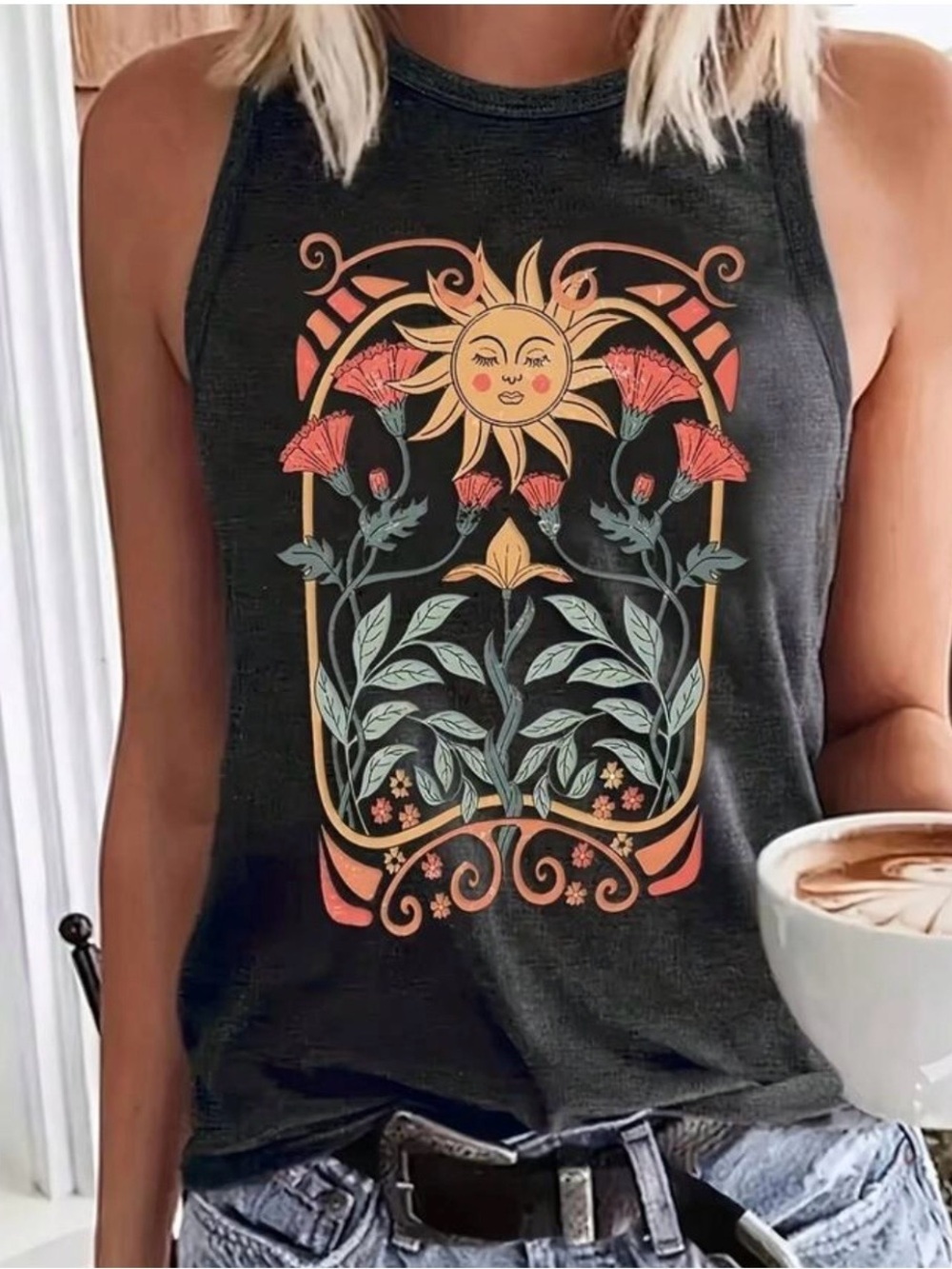 SHEIN Black Boho Sun and Floral Graphic Tank Top